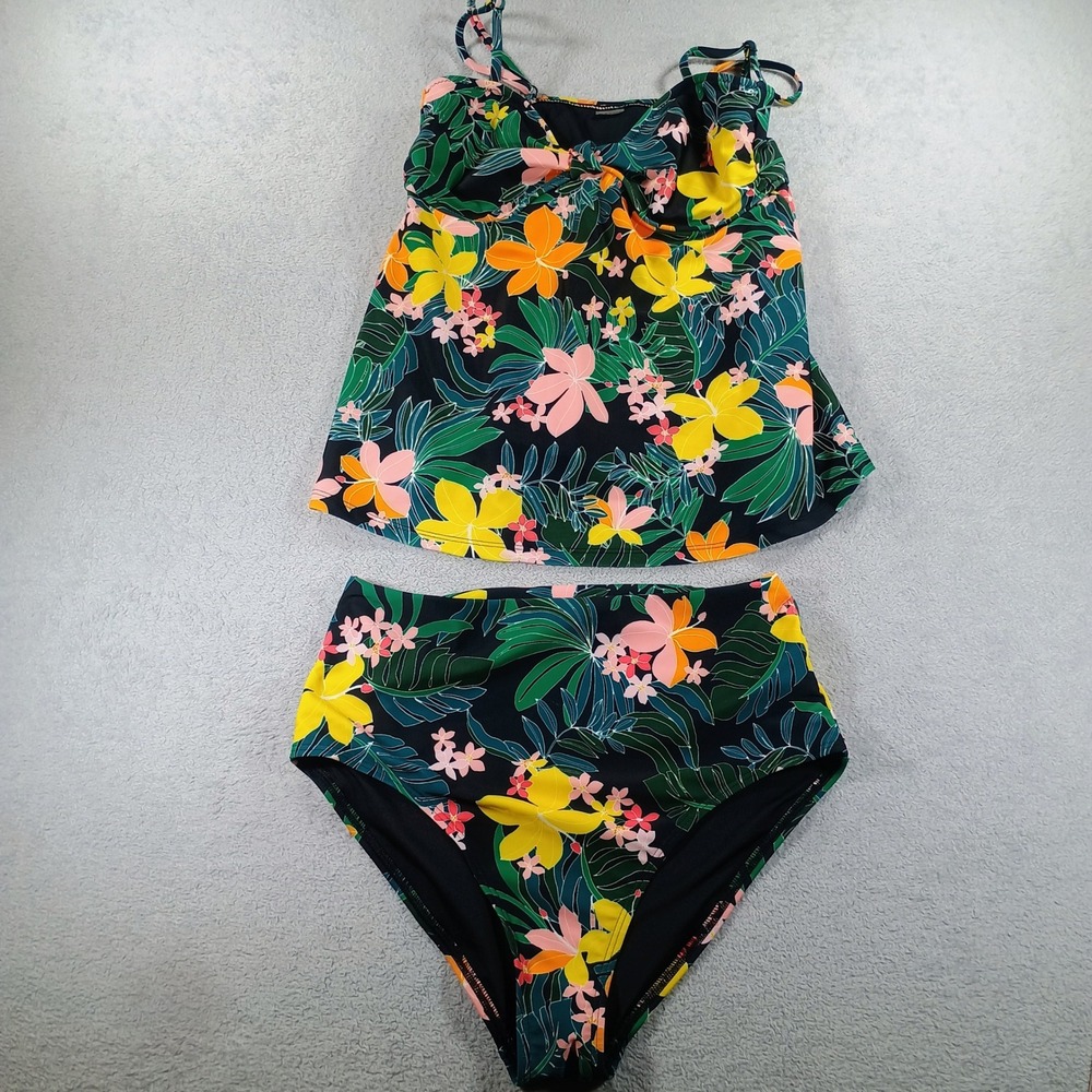 Old Navy Women Tankini Set Tropical Floral Black Multi S High Waisted 2pc